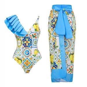 Flaxmaker Lemon Printed One Piece Swimsuit with Matching Coverup